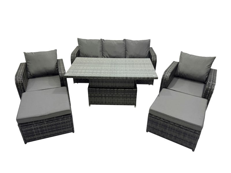 Fimous Rattan Garden Furniture Dining Set 6 seater Patio Height Adjustable Rising Lifting Table Sofa Set with 2 Big Footstools Dark Grey Mixed