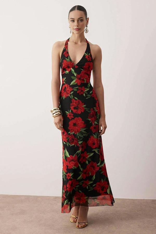 WOVCOR Floral Knitted Tulle Maxi Evening Dress