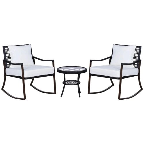 Bobobiy Rattan Bistro Set, 3 Pieces Wicker Garden Set with Rocking Chairs and Round Glass Top Coffee Table, Brown