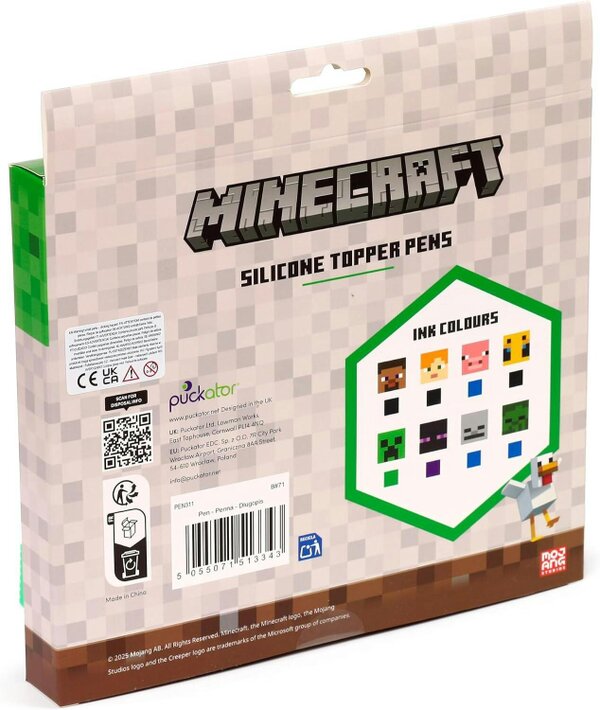 Puckator Minecraft Fine Tip Black Pens Silicone Toppers Set of 8