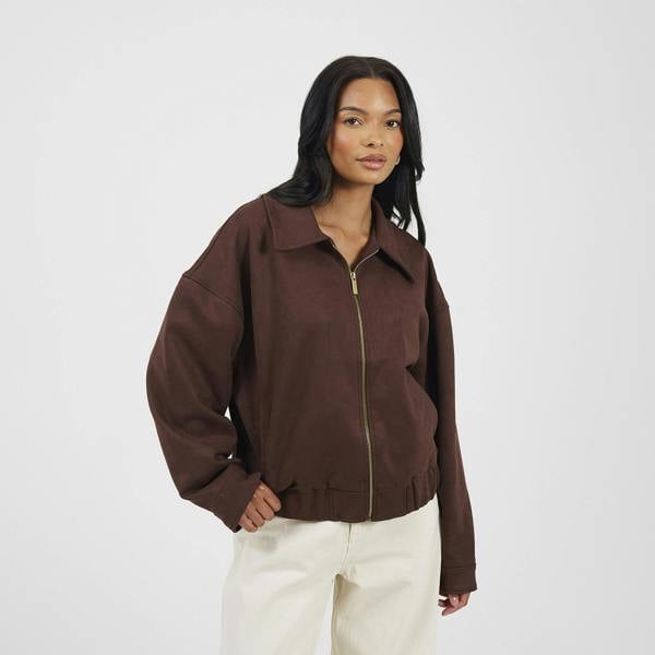 Brave Soul Chocolate Faux Suede Bomber Jacket - Chocolate Image 1