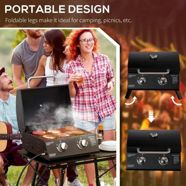 Bobobiy 2 Burner Gas BBQ Grill, 5.8 kW Outdoor Portable Folding Tabletop Barbecue w/ Lid, Thermometer, Carbon Steel, Black