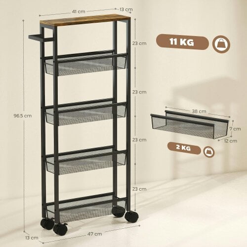 Wyld Haus Raelno Metal Black 5 Tier Slim Storage Trolley With Wood Effect Top And Handle