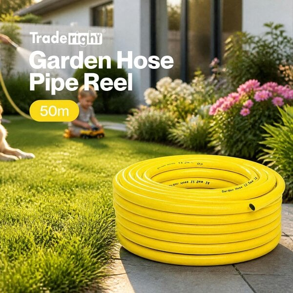 Traderight Hose Pipe 50M 12.5Mm Reinforced PVC for Outdoor Garden Wash Yellow