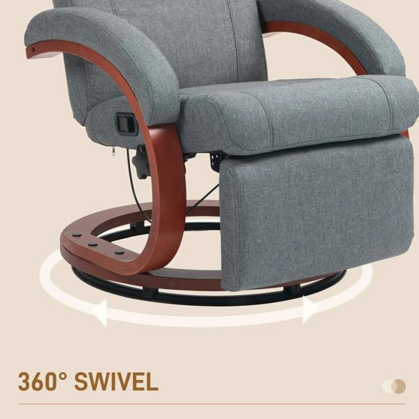 Grey 360-degree swivel recliner chair with footrest, side view of the wooden base