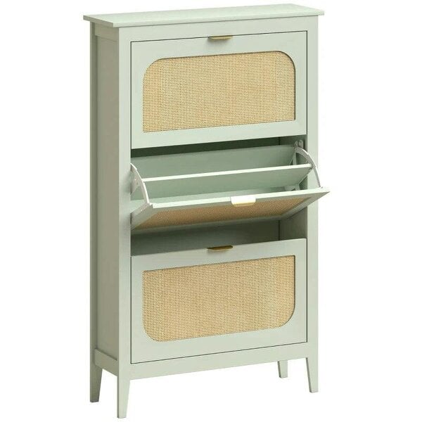Bobobiy Narrow Shoe Cabinet, Boho Slim Shoe Storage Cabinet with 3 Flip Drawers, Holds 21 Pairs, Light Green