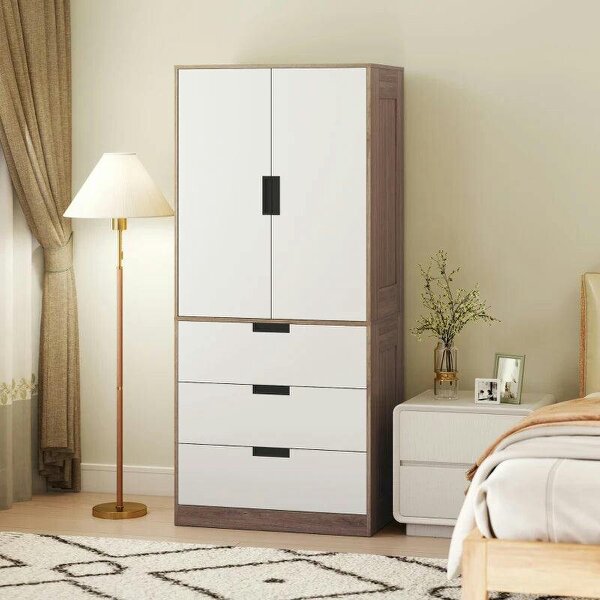 Modern Clothes Storage Cupboard Unit, 3 Drawer 2 Door Wardrobe with Hanging Rod, White/Brown