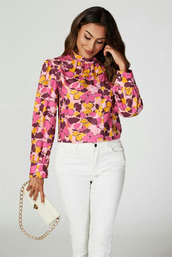 FS Collection Floral Print Long Sleeve High Neck Top In Pink