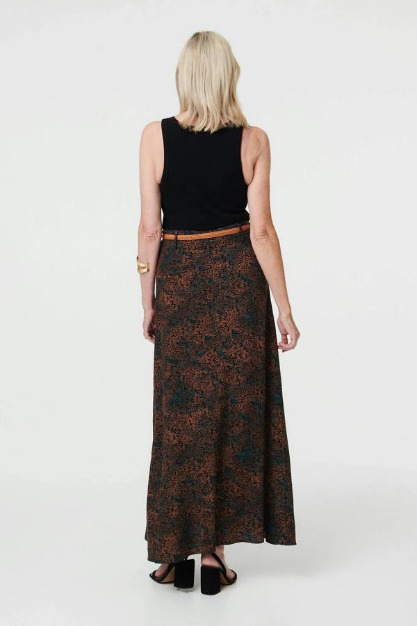 Blue | Printed High Waist Belted Maxi Skirt