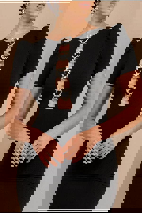 Diamante Embellished Heart Brooch Scuba Maxi Dress - Black DR4458