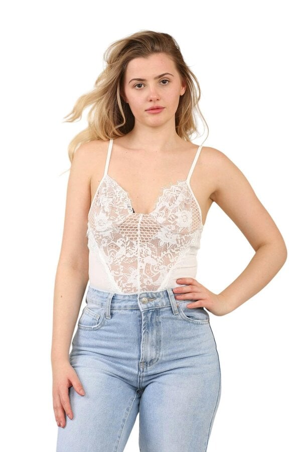 Elaina Fashion Lace Front Bodysuit – Elegant Sheer V-Neck Sleeveless Top