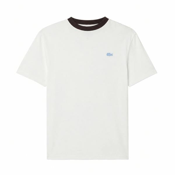 Lacoste classic fit t-shirt in flour white with a dark brown crew neck and blue crocodile logo.
