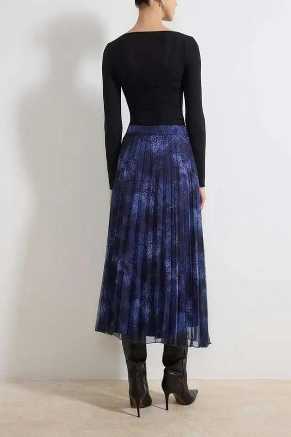 WOVCOR Patterned Lined Chiffon Pleated Midi Skirt