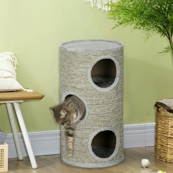 Light grey cat climbing frame cylinder with three sisal-covered entrances and a cat peeking