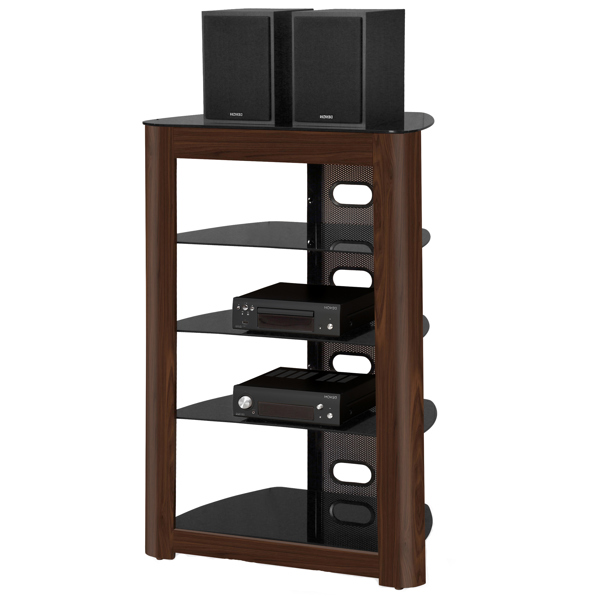 Centurion Supports Zinnia 5-Shelf Black Glass with Walnut Fascia Flat Screen TV/Hi-Fi/AV Rack Glass Stand