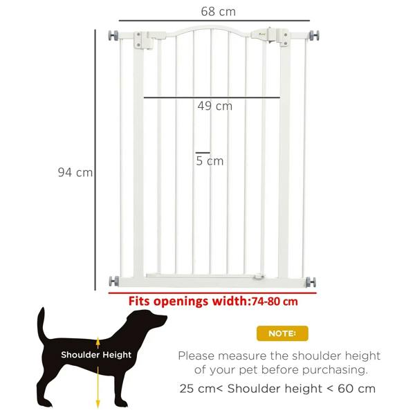 White adjustable dog gate diagram: 94 cm tall, 74-80 cm opening fit