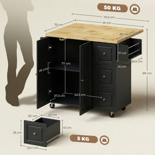 Wyld Haus Rolelo Wooden Black Rolling Kitchen Island With Drop Leaf Drawer Towel And Spice Racks
