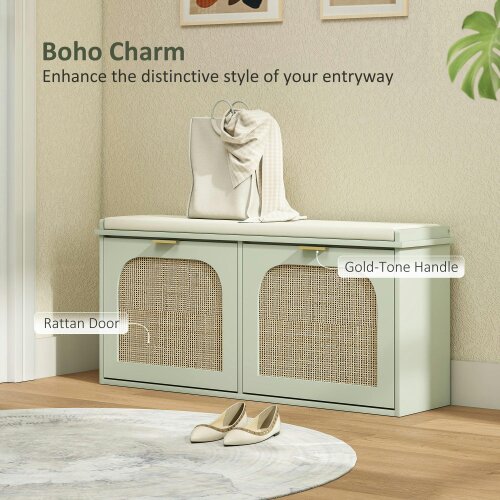 Wyld Haus Rika Wooden Light Green Boho Style Shoe Bench With Cushioned Seat And 2 Flip Drawers