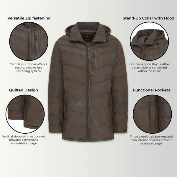 Infinity Leather Men's Leather Quilted Jacket Hooded Puffer Winter Coat - Olyic