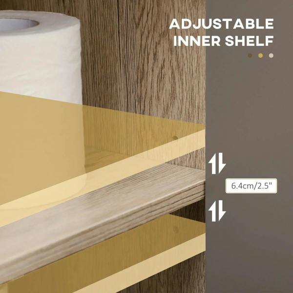 Interior adjustable shelf inside grey-and-oak bathroom cabinet with door storage