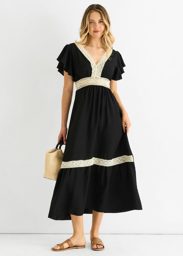 Gini London Black Crochet Lace Panel Elasticated Waist Midi Dress