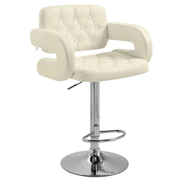 Beige PU leather bar stool with backrest, armrests, height adjust lever, chrome base
