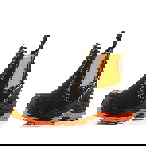 Buckbootz BVIZ3 Mens Pull On S7S Dealer Chelsea Safety Ankle Boots, black and orange slip-on work boots with reinforced toe, rugged sole, and safety features for industrial or construction use.