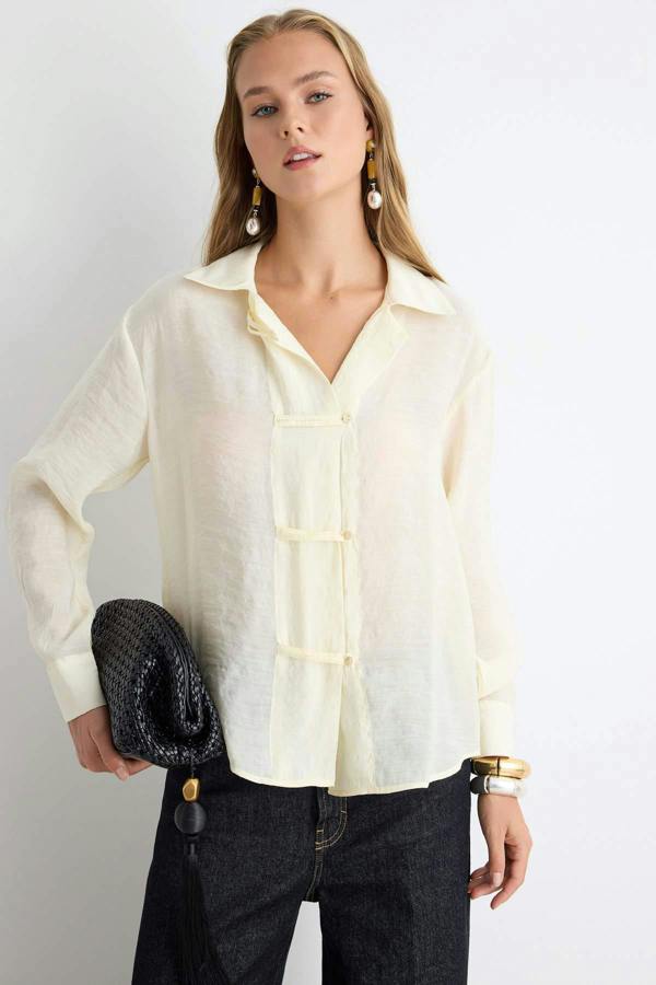 WOVCOR Relaxed Fit Long Sleeve Shirt with Tie Detail