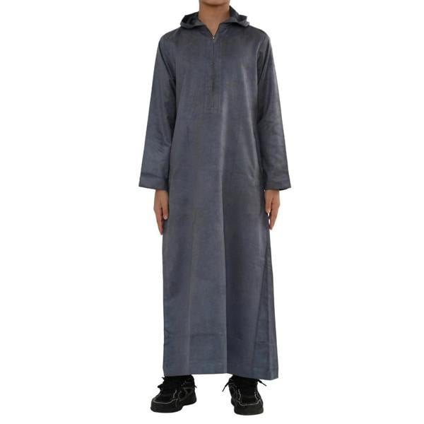 HM12 - Boy's Hooded Suede Emirati Omani Zipped Thobe - Grey - Thobez - 15