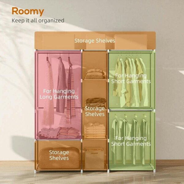 Portable Wardrobe, Open Clothes Wardrobe with 8 Shelves, 3 Hanging Rails, Light Grey