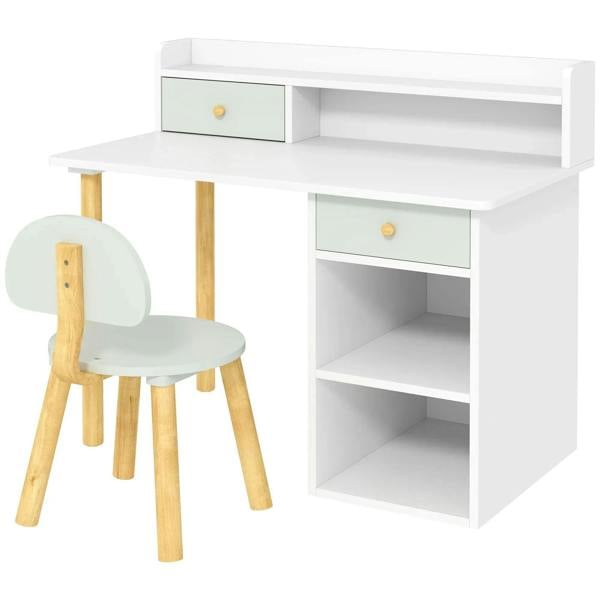 Kids study table set with hutch, green drawer fronts, and matching chair with wood legs