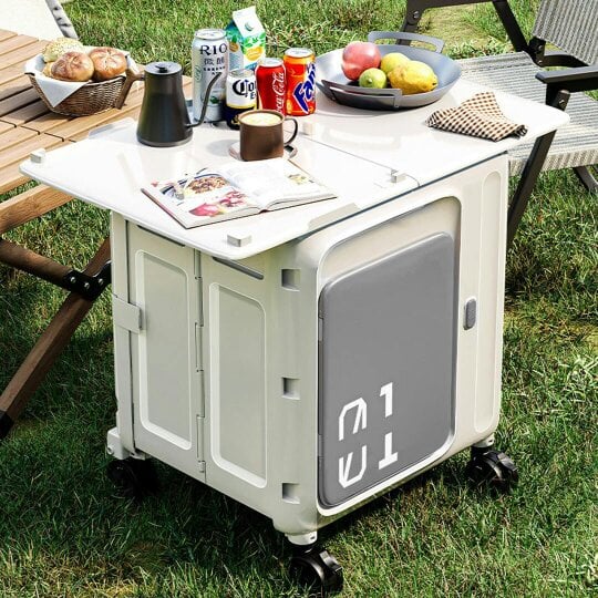 Havendro Folding Storage Box Trolley Cart Wheels Collapsible Container Home Camping Beige