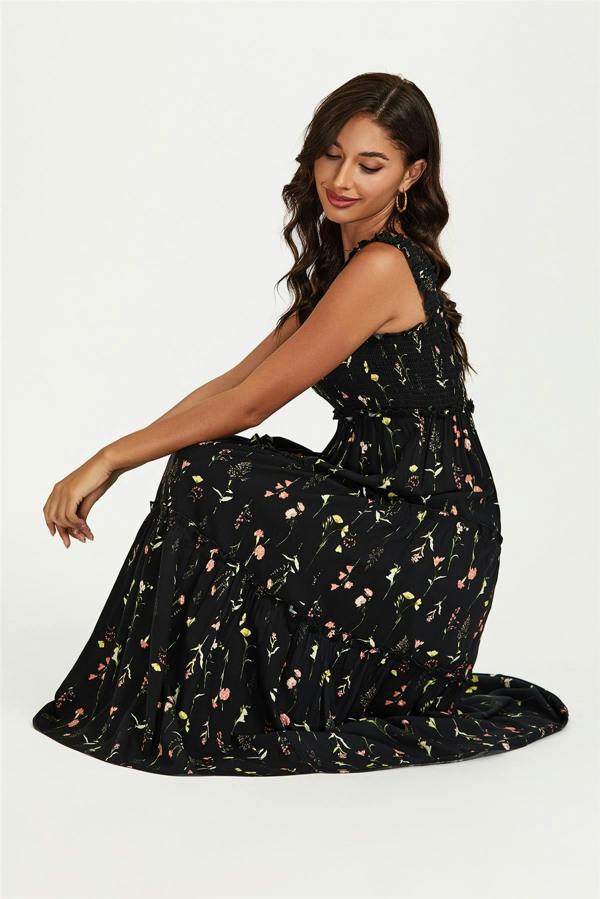 FS Collection Floral Print Hem Detail Tiered Maxi Dress In Black
