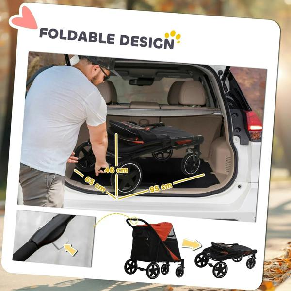 Foldable red-and-black pet stroller folded in a car trunk with wheels attached.