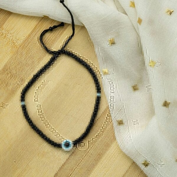 The Colourful Aura Adjustable Black Beads Evil Eye Indian Nazar Protection Slim Beaded Bracelet