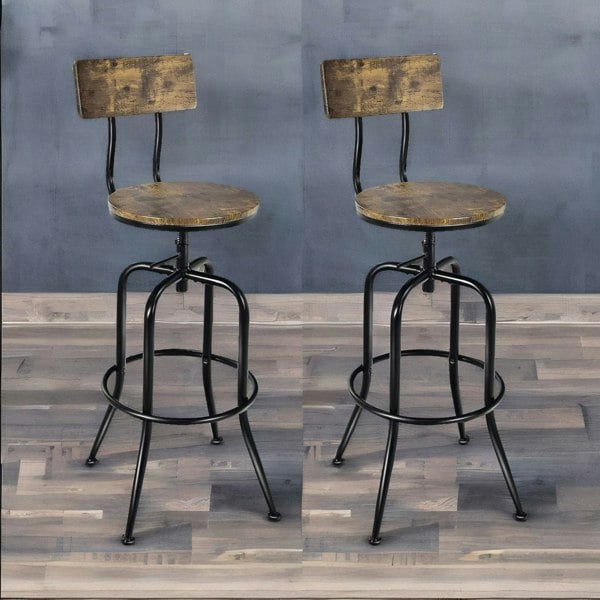 Rafaelo Mobilia Set Of 2 Industrial Rustic Brown Bar Stools With Back & Footrest