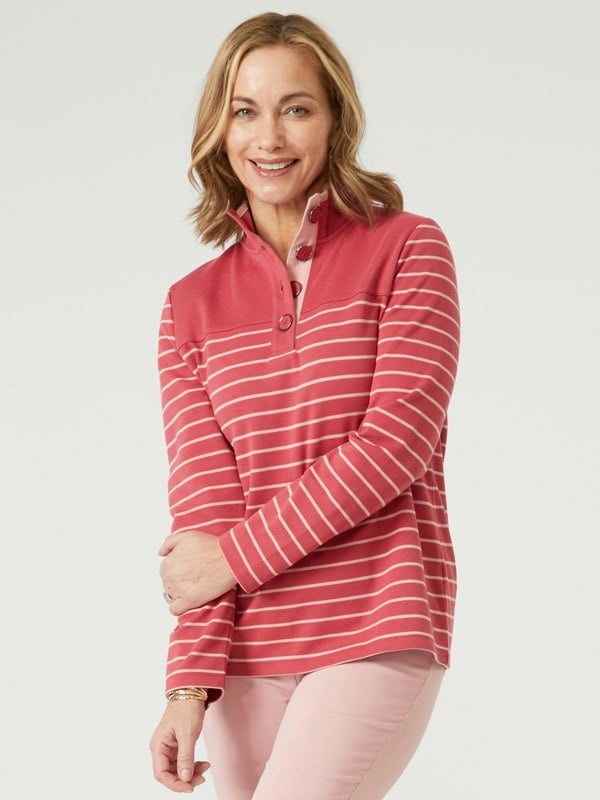 PennyPlain Striped Funnel Neck Top - Berry