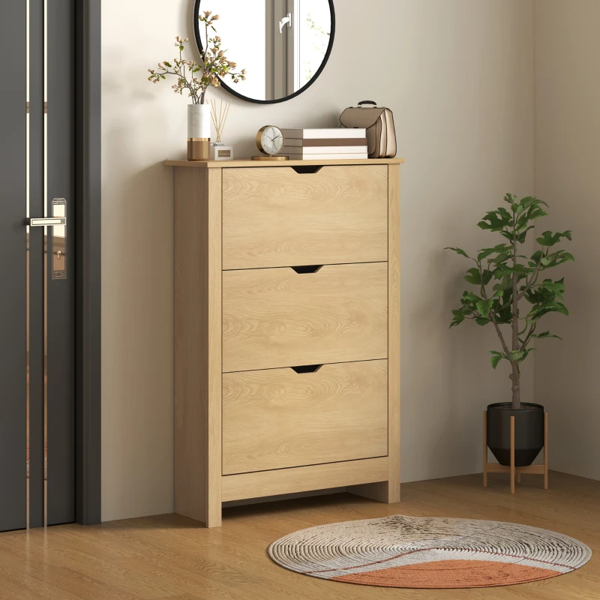 Slim Shoe Cabinet, Narrow Shoe Cupboard with 3 Drawers, Adjustable Shelves for 18 Pairs of Shoes, Natural Wood Finish