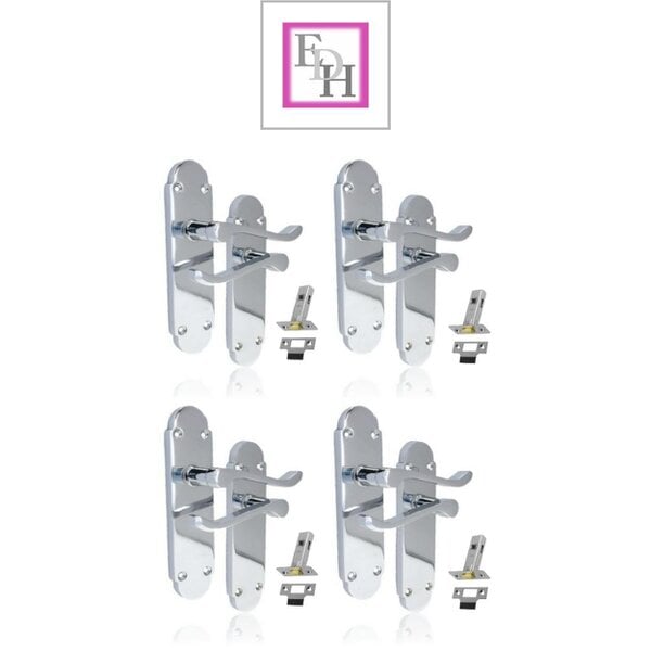 EDH Door Hardware Polished Chrome Victorian Scroll Door Handles on Shaped Backplate – 170mm x 40mm + Tubular Latch 4 Pairs