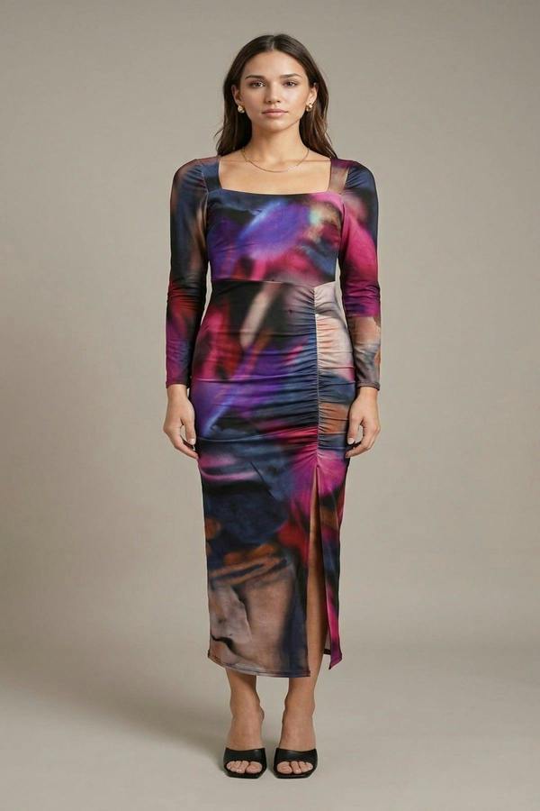 Hana Abstract Printed Long Sleeve Ruched Side Slit Midi Dress - Blue