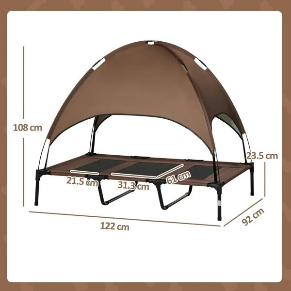 Brown raised dog bed cot with canopy and mesh base, with labeled dimensions