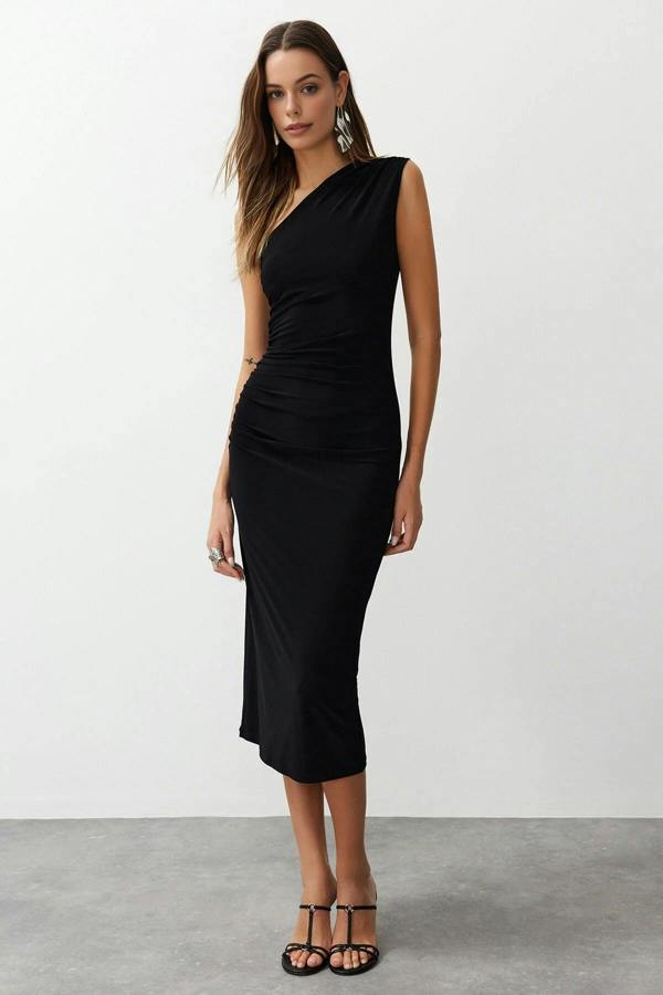WOVCOR One-Shoulder Draped Stretch Knit Dress