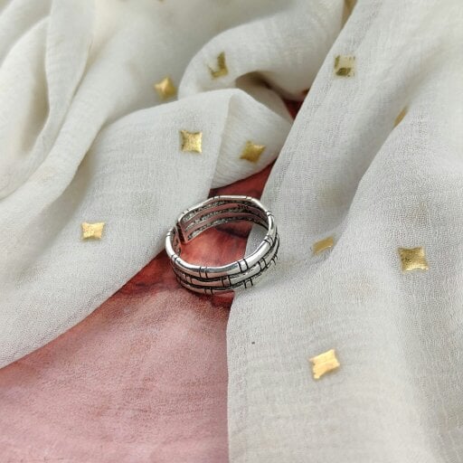 The Colourful Aura Silver Adjustable Thick Multilayer Bamboo Dainty Band Ring