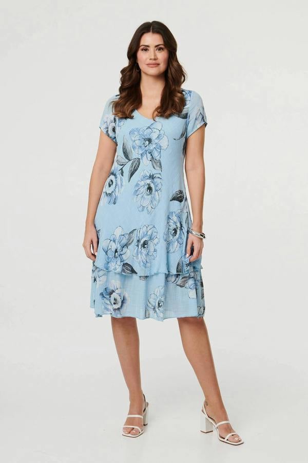 Blue | Floral Frilled Hem Knee Length Dress : Model is 5'9"/175 cm and wears UK10/EU38/US6/AUS10