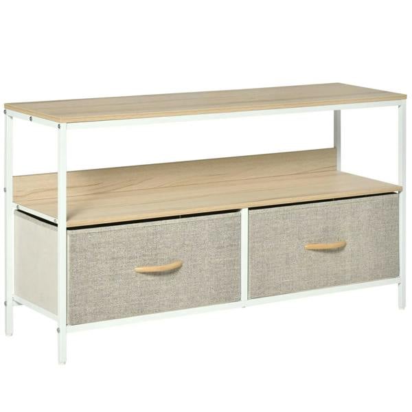 Maple wood-effect TV stand cabinet with two grey fabric foldable drawers, wood handles