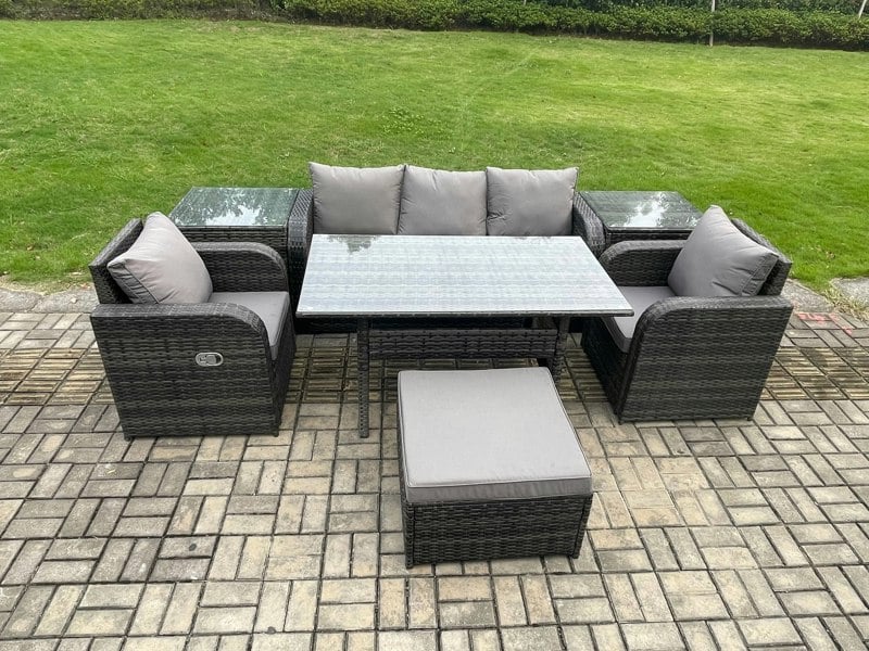 Fimous Wicker PE Rattan Garden Furniture Set Outdoor Rectangular Dining Table and Chair Sofa Set With 2 Side Tables Big Footstool Dark Grey Mixed
