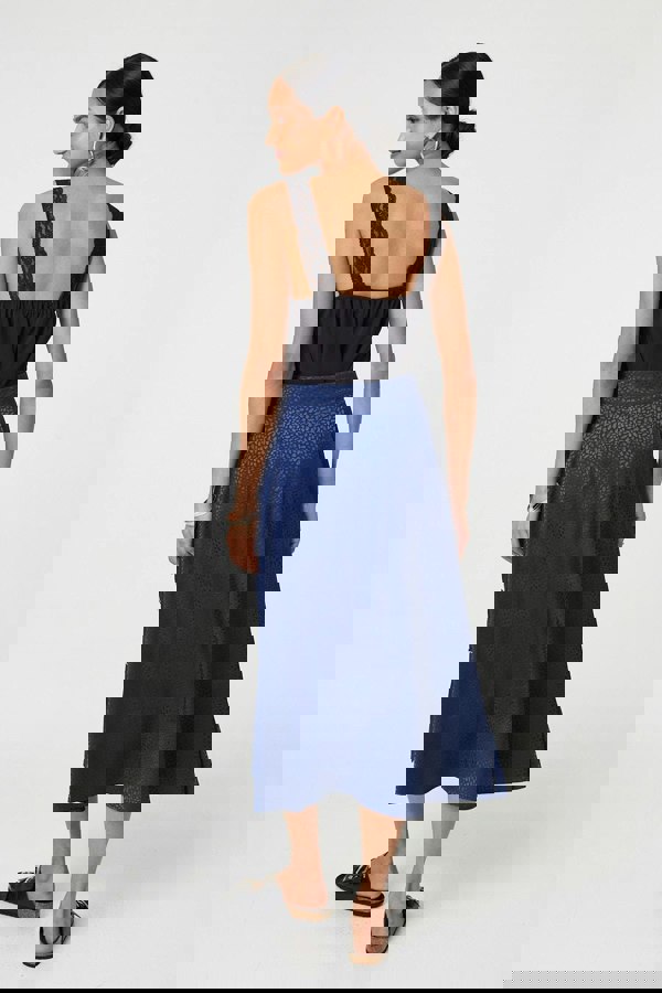 Navy | Animal Print Button Detail Midi Skirt
