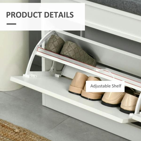 Shoe storage bench interior with adjustable shelf and flip-top compartments for shoes