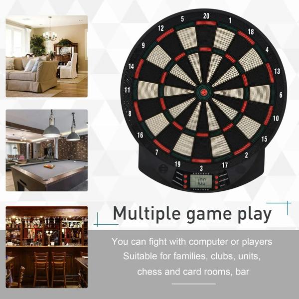 Electronic dartboard with numbered target design and LED score panel on the base