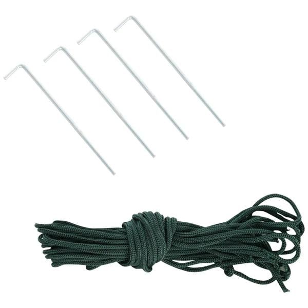 Green rope bundle and metal stakes for securing a clear PVC polytunnel greenhouse